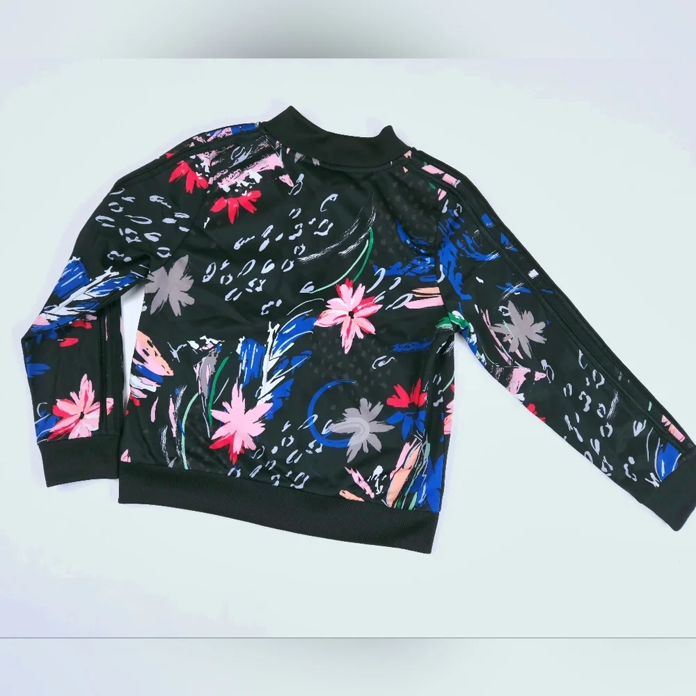 Adidas Girls Black Pink Spring Floral Tricot Tropical Track Jacket Size 10-12